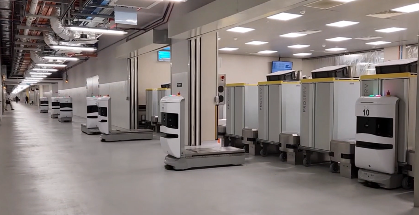 Fleet of autonomous mobile robots in a hospital